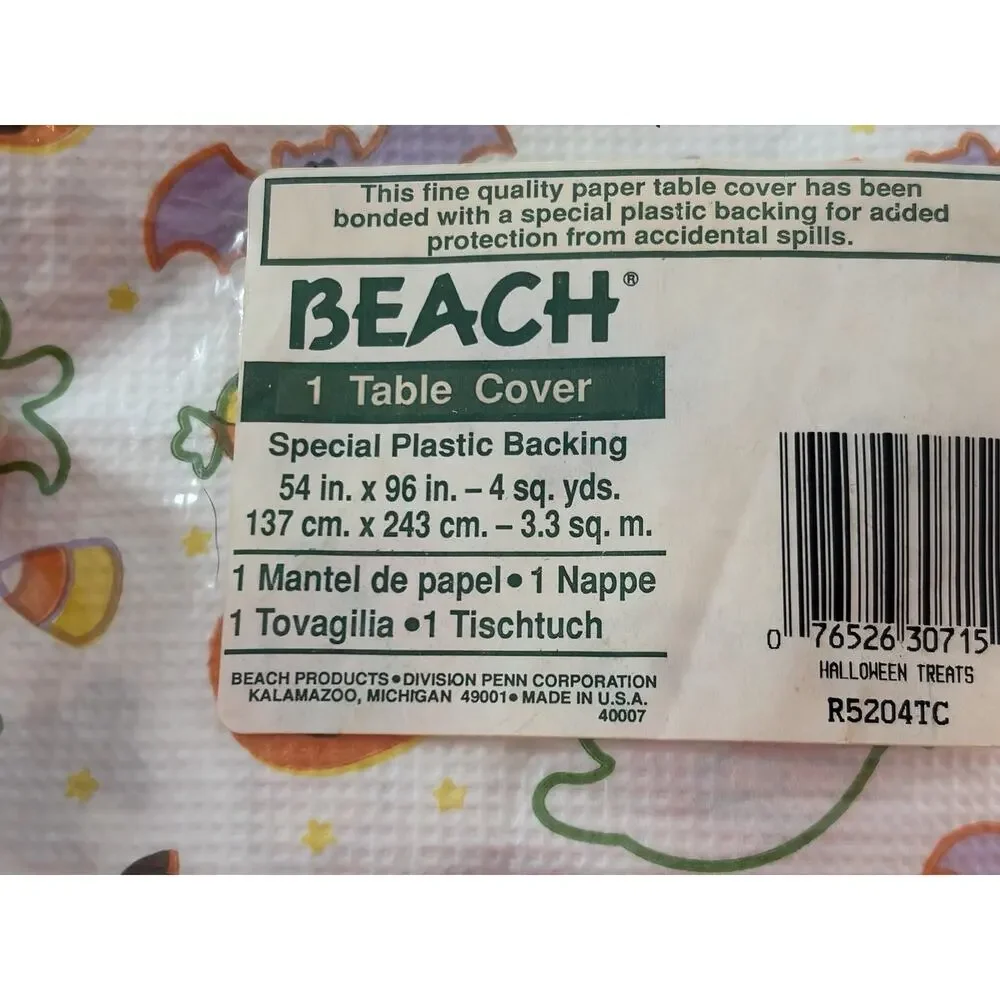 Vintage 1993 BEACH “Halloween Treats” Paper Table Cover NOS Plastic Backed. USA